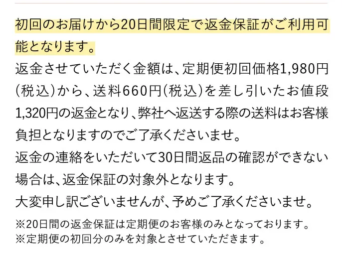 初回のお届けから無期限で返金保証がご利用可能となります。